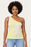 Amarelo | Blusa Skenn ombro só listras amarela e branca, vista frontal vestida em modelo com calça jeans