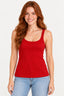 Vermelho | Blusa regata Revanche costas transpassada vermelha, vestida na modelo de frente com calça jeans