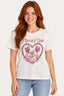 Branco | Blusa T-Shirt Manga Curta Estampada Revanche branca com estampa Lover Girl em vermelho, vestida na modelo de frente