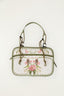 Porta Notebook Farm Jardim Barbara off-white com estampa de tucanos e flores rosas, alça verde
