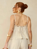 Blusa resort listrada linho Skenn, detalhe lateral do caimento