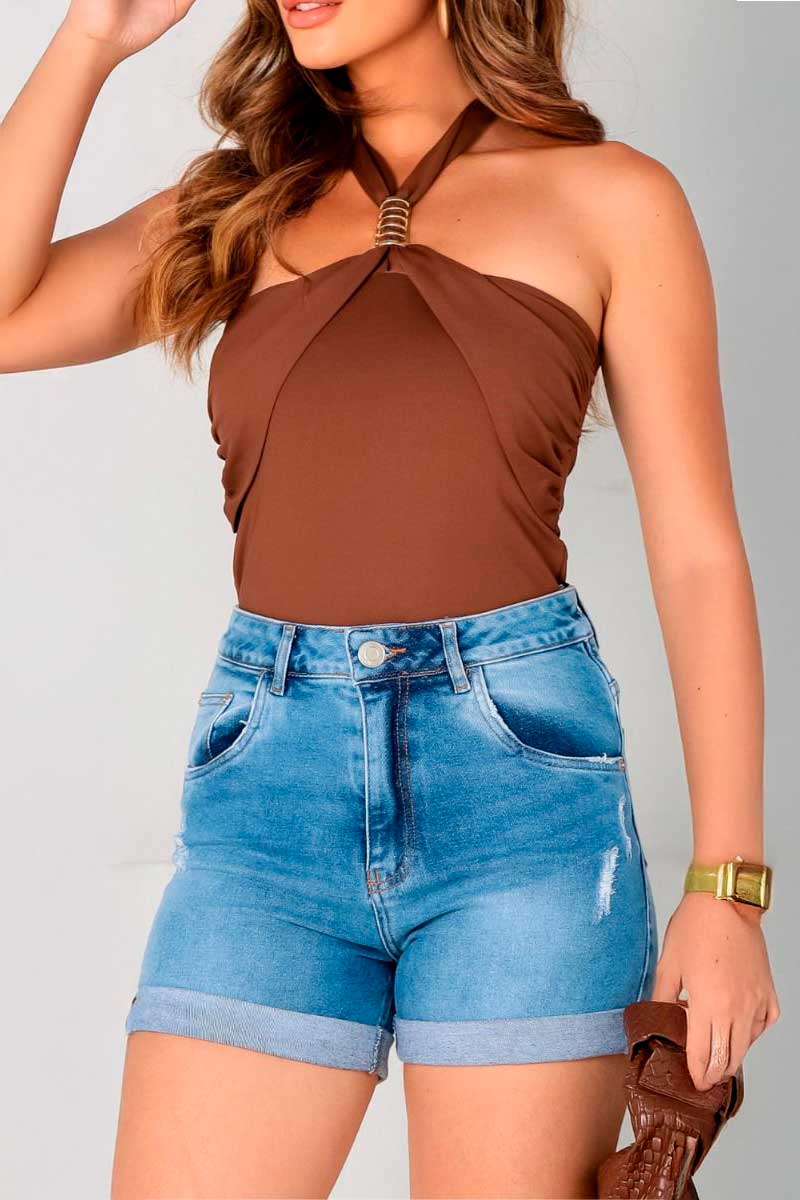 Blusa Frente Única FEM00151 Revanche, frontal assimétrica com acessório, feminino