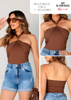Close blusa Frente Única com acessório Revanche, detalhe assimétrico feminino