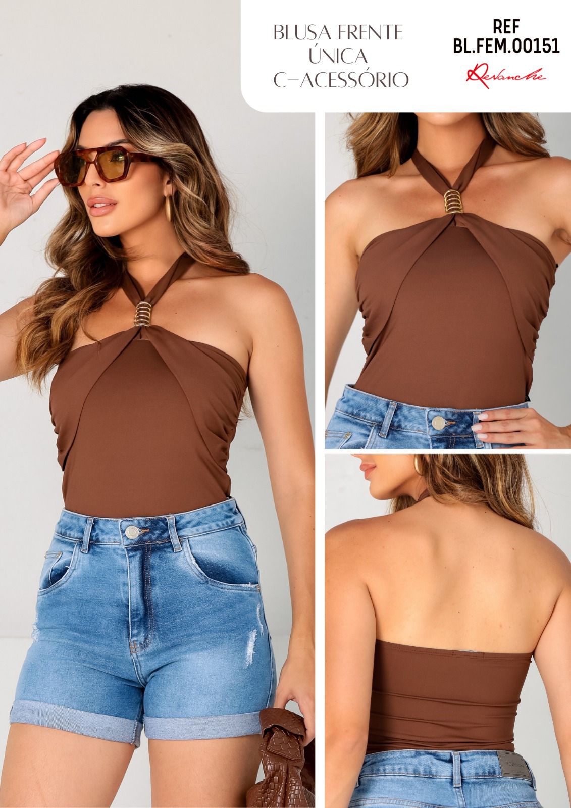 Close blusa Frente Única com acessório Revanche, detalhe assimétrico feminino