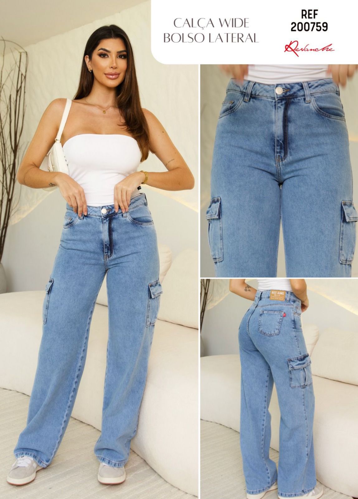 CALÇA JEANS WIDE LEG BOLSO CARGO 200759C REVANCHE Imagem secundária do produto