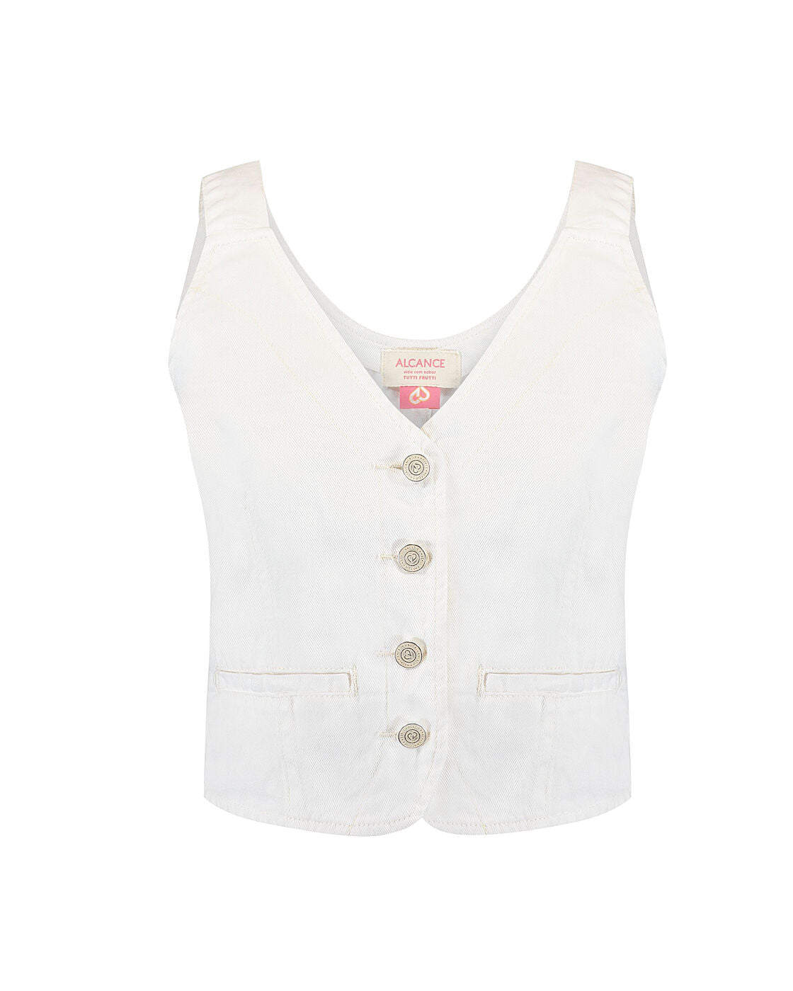 Close do tecido denim e botões da blusa colete Alcance