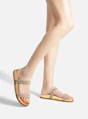 SANDÁLIA PAPETE DOURADA TIRAS TRANÇA  A 13555 0081 0001 AREZZO