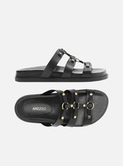 SANDÁLIA PAPETE PRETA COURO ELOS REBITES A 12016 0235 0002 AREZZO