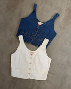 Blusa colete jeans Fresh Alcance, detalhe gola e decote