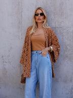 Blusa kimono crochet Baja costas, mangas amplas rendado feminino