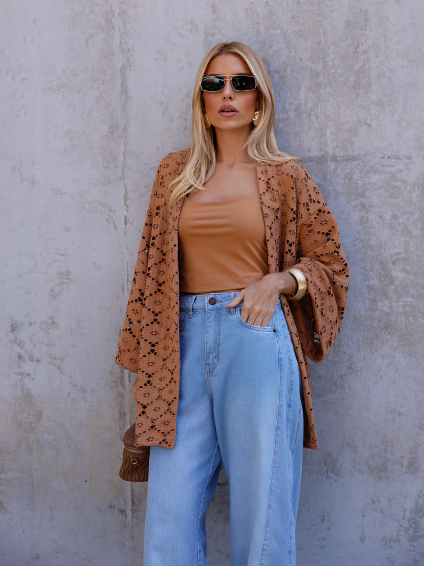 Blusa kimono crochet Baja costas, mangas amplas rendado feminino