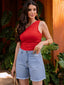 Bermuda jeans denim azul frente Skenn, feminino com cintura alta