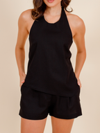 Blusa frente única linho Skenn, detalhe da frente única