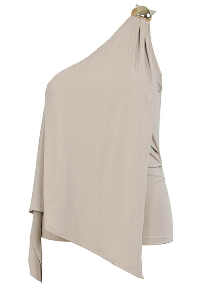 Blusa assimétrica Begonia cor bege Skenn feminina vista frontal