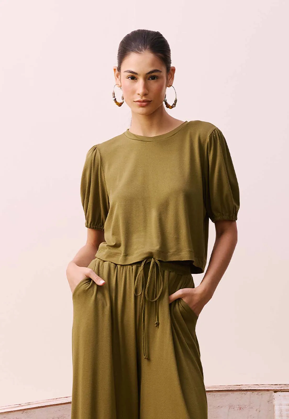 Blusa Cropped Alongado Manguinha feminina Cacay frontal