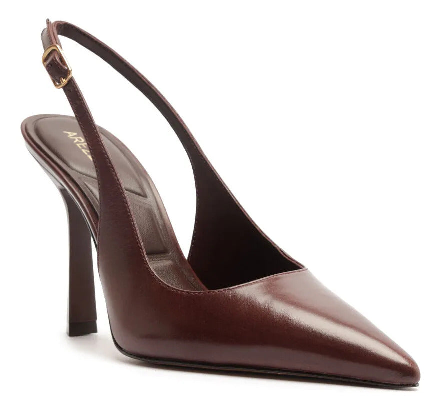SCARPIN MARROM COURO SALTO FINO FIVELA SLINGBACK A 14189 0002 0001 SCHUTZ