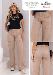 CALÇA WIDE LEG SARJA BOLSO CARGO FEM00221 REVANCHE