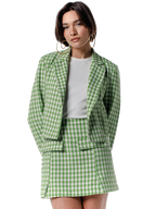 Blazer tweed xadrez Skenn feminino, detalhe lateral do tecido tweed