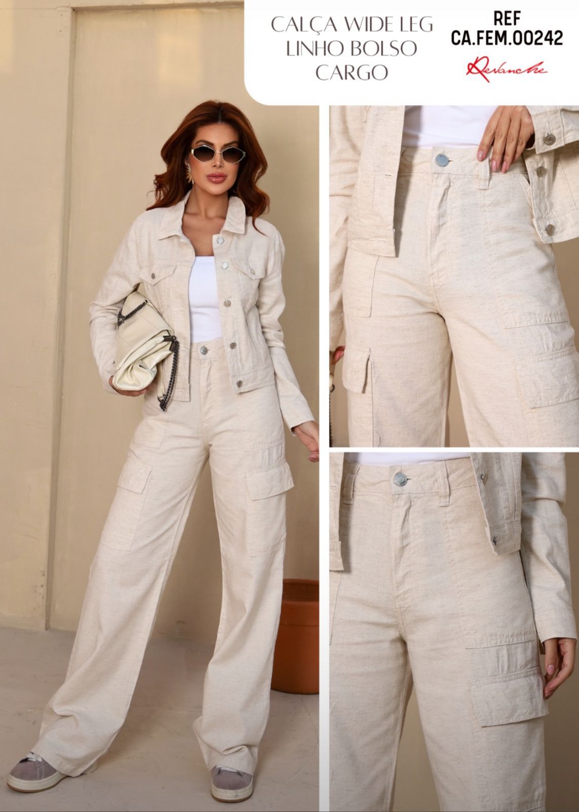 CALÇA LINHO WIDE LEG BOLSO CARECA CAFEM00242 REVANCHE Imagem secundária do produto