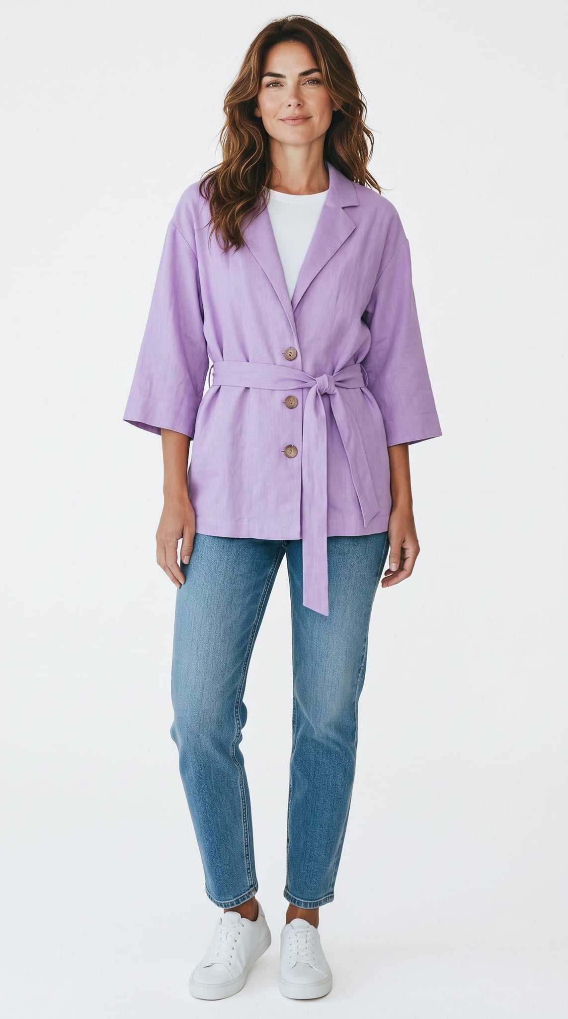 Blazer Skenn lilás de lapela e três botões, com cinto amarrado na frente, combinado com jeans e tênis brancos