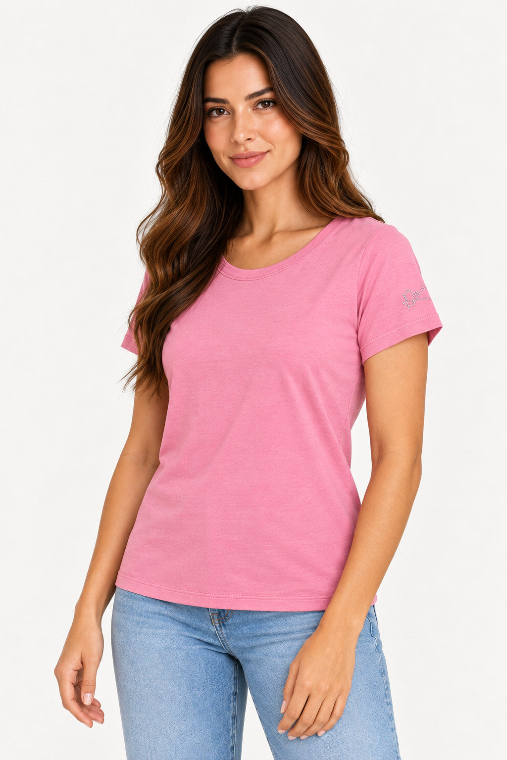 Rosa Bebe | Blusa baby look básica Revanche em rosa bebê, modelo de três quartos com detalhe da manga e do decote redondo