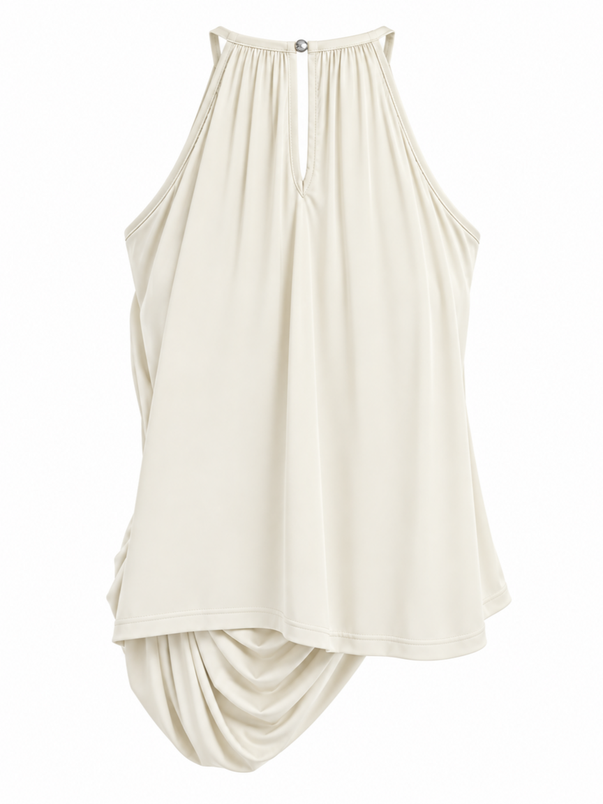 Blusa Begônia Fluidez Skenn off white com abertura em gota no decote e barra assimétrica, vista de trás