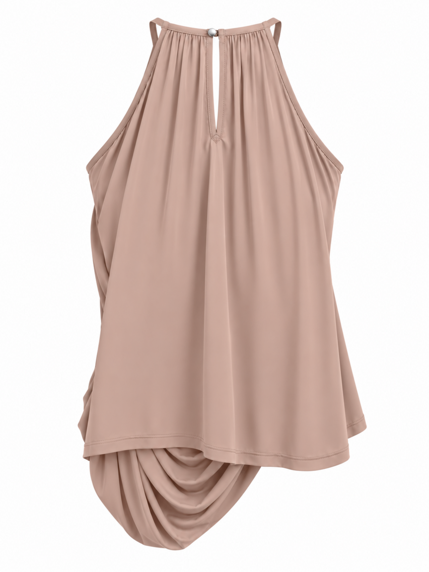 Blusa Begônia Fluidez Skenn bege rosado com abertura em gota e botão nas costas, vista de trás