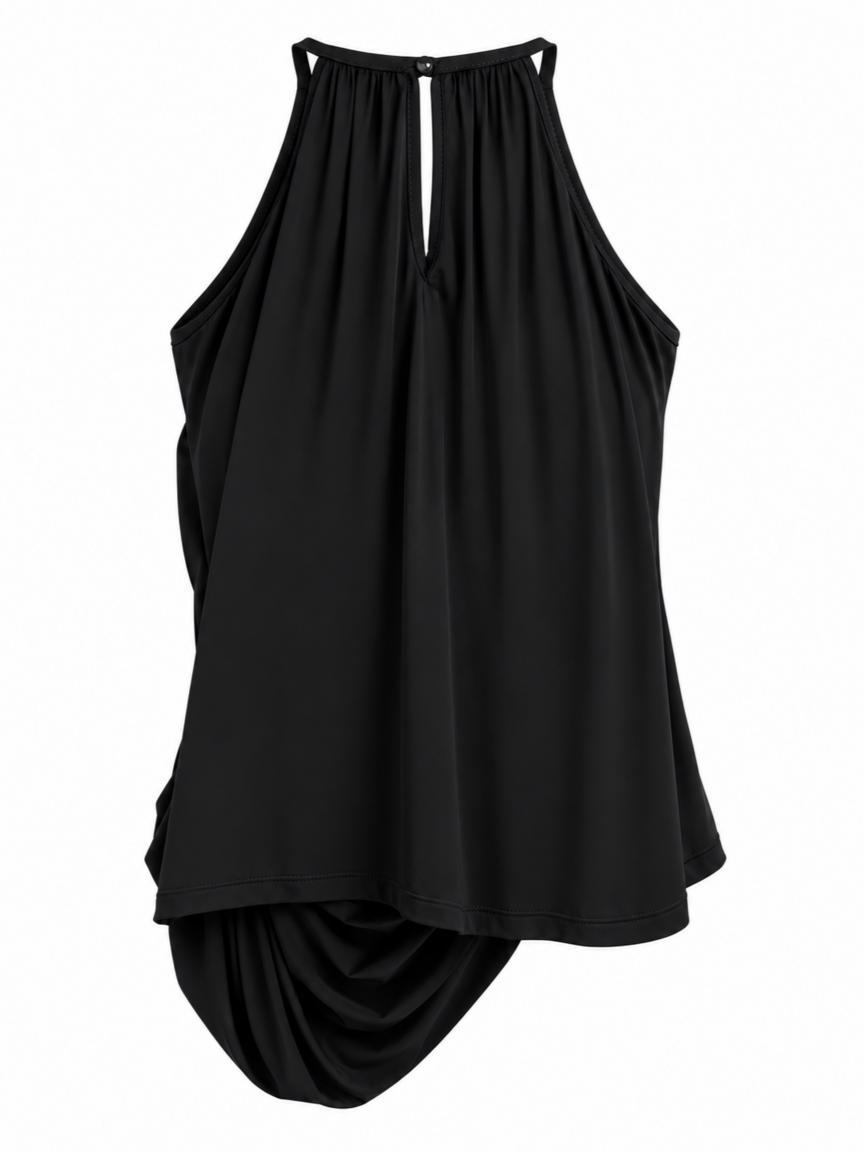 Blusa Begônia Fluidez Skenn preta com abertura em gota e botão no decote, vista de trás