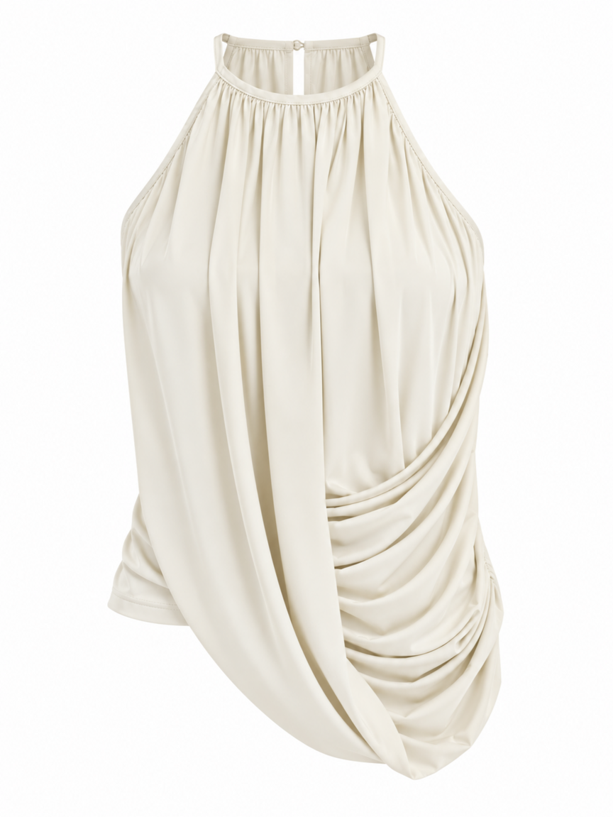 Blusa Begônia Fluidez Skenn off white de gola halter e drapeado frontal, vista da frente