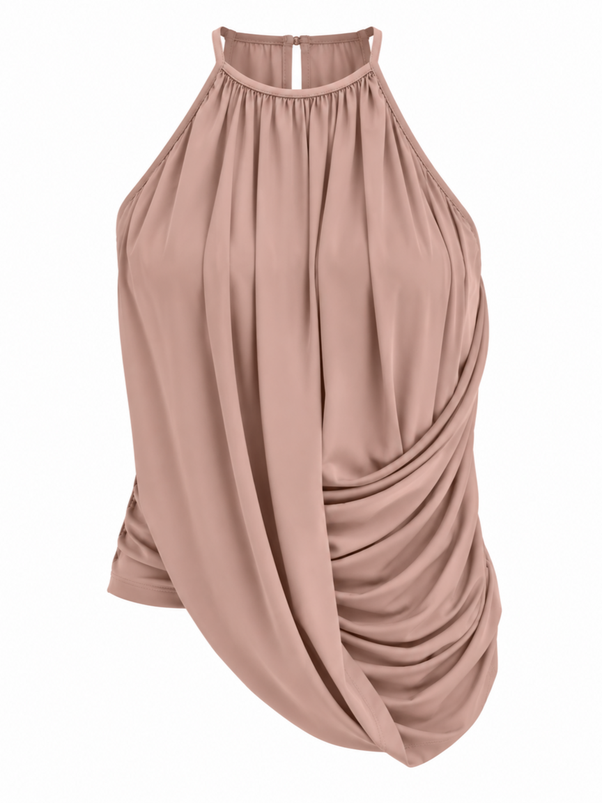 Blusa Begônia Fluidez Skenn bege rosado de gola halter com drapeado lateral, vista da frente