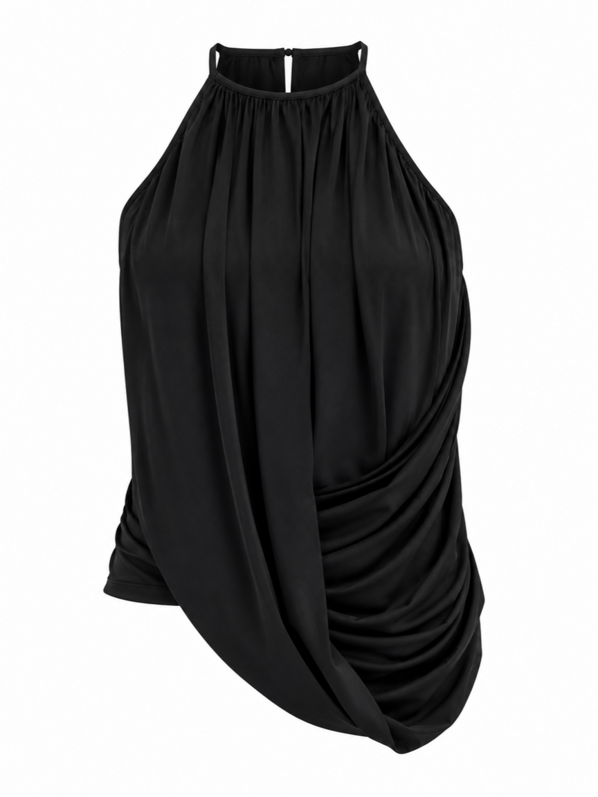 Blusa Begônia Fluidez Skenn preta de gola halter com drapeado na lateral, vista da frente