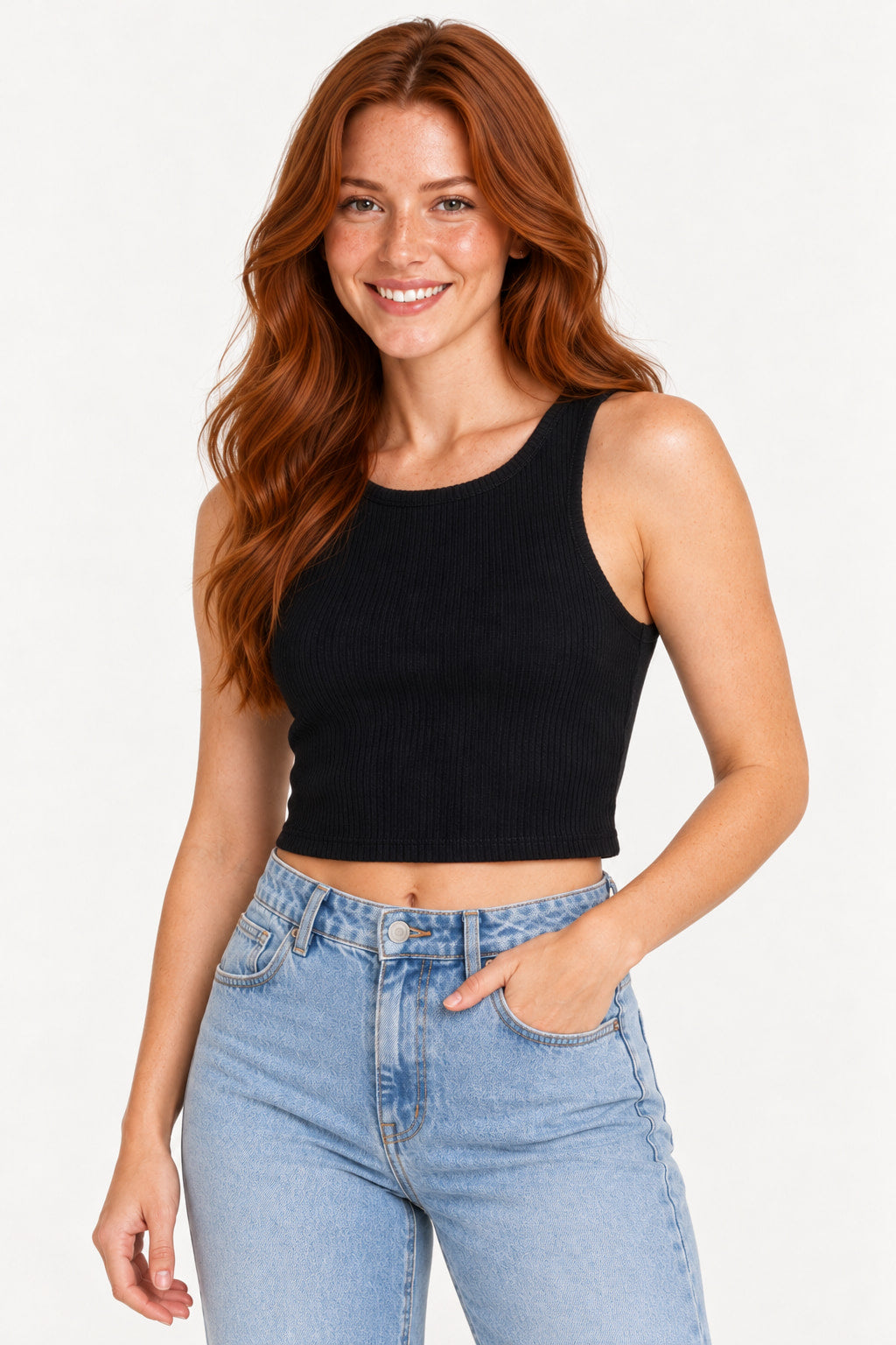 Preto | Blusa cropped canelado Malipa preta com textura de canelado vertical, vista frontal com modelo de mão no bolso