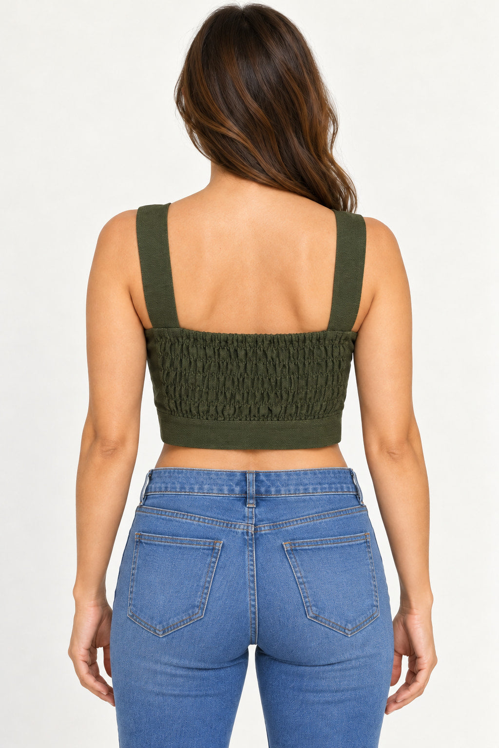 Verde Escuro | Blusa Cropped Cacay verde escuro vista de costas, com detalhe franzido no tecido e alças largas