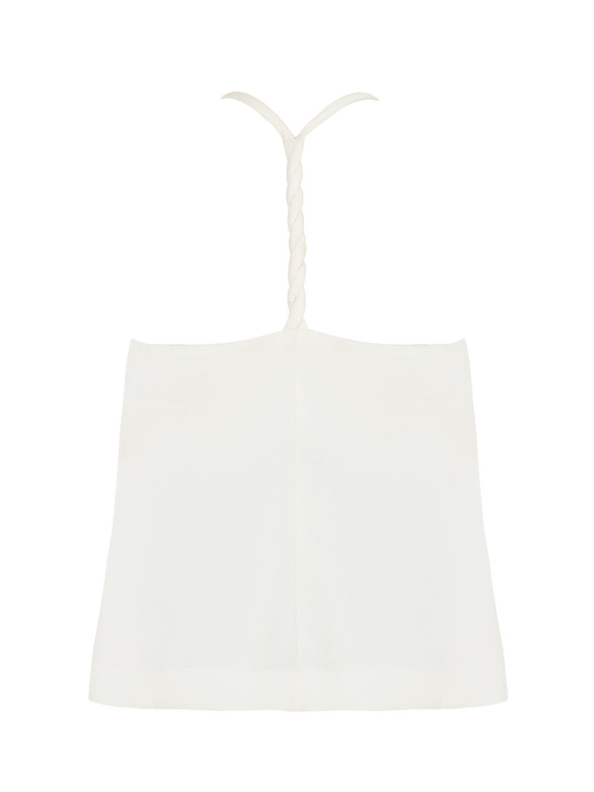 Blusa Skenn Decote Degage off white, costas com alças trançadas em formato de Y e corte reto