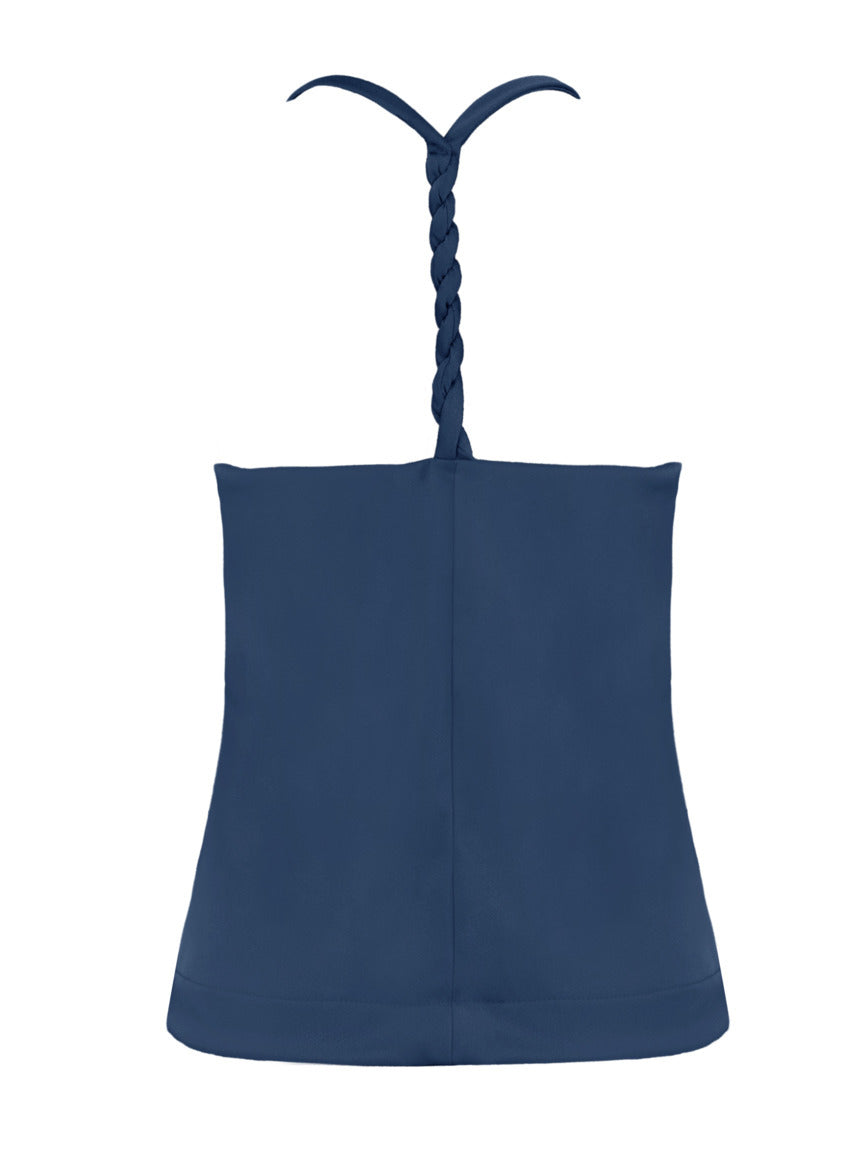 Blusa Skenn Decote Degage azul mar, costas com alças trançadas em formato de Y e corte reto
