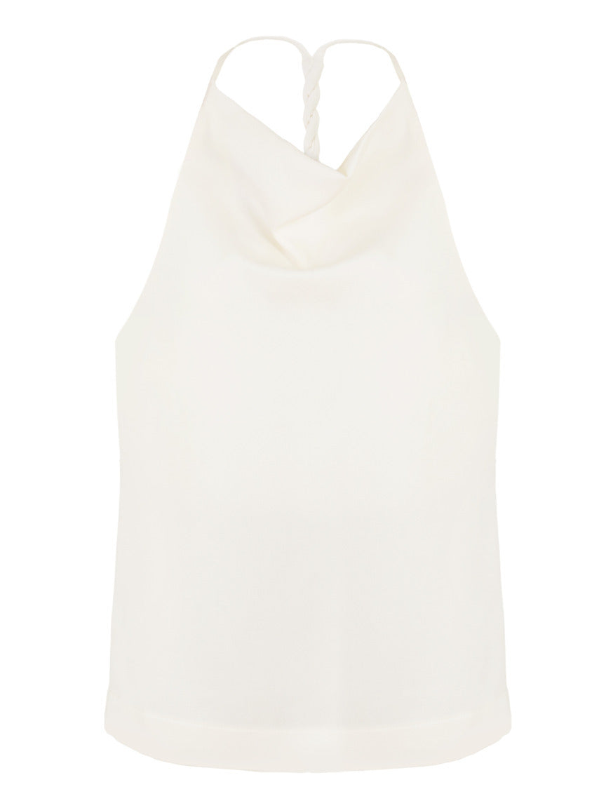 Blusa Skenn Decote Degage off white, frente com decote degagé e alças trançadas nas costas