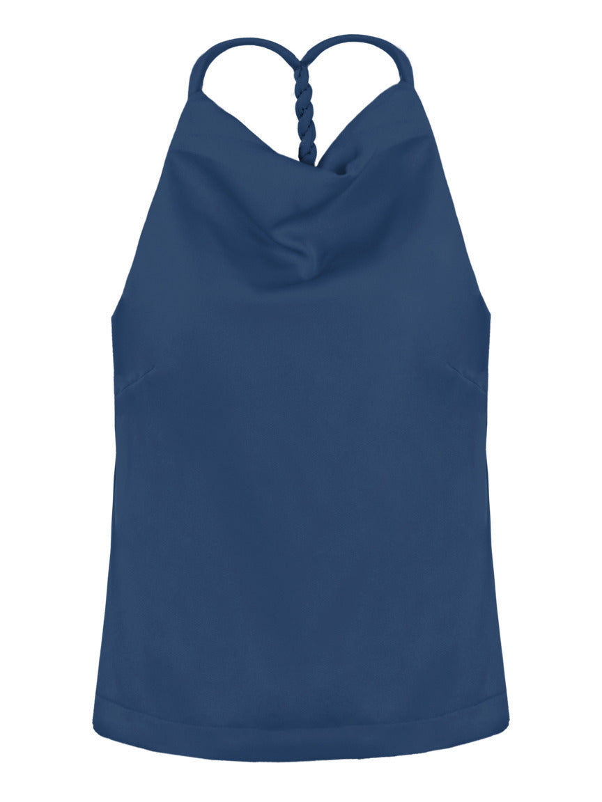 Blusa Skenn Decote Degage azul mar, frente com decote degagé e alças trançadas nas costas