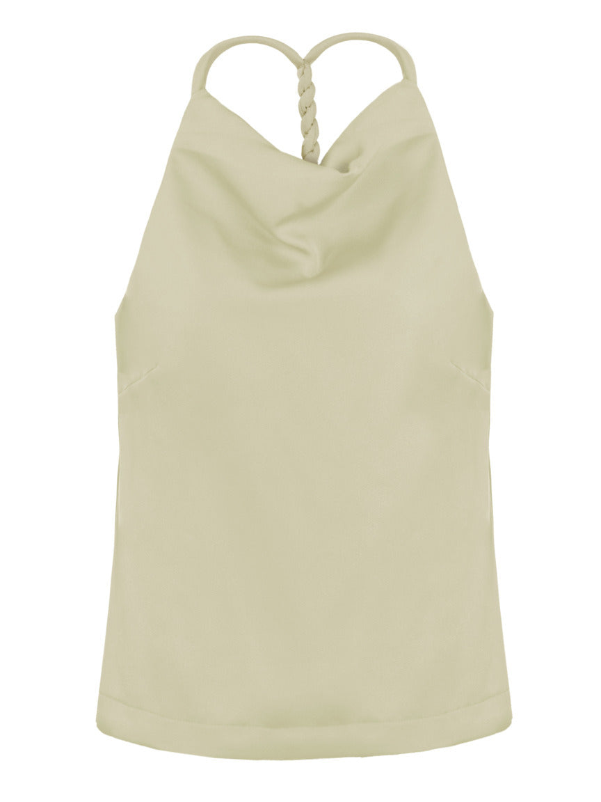 Blusa Skenn Decote Degage bege, frente com decote degagé e alças trançadas nas costas