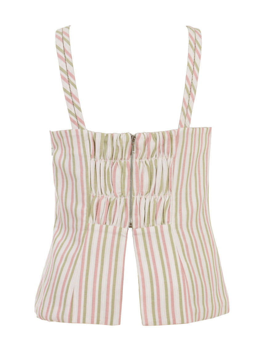 Blusa Skenn Listrada Resort verde, rosa e off-white vista das costas, com franzido central e fecho de zíper