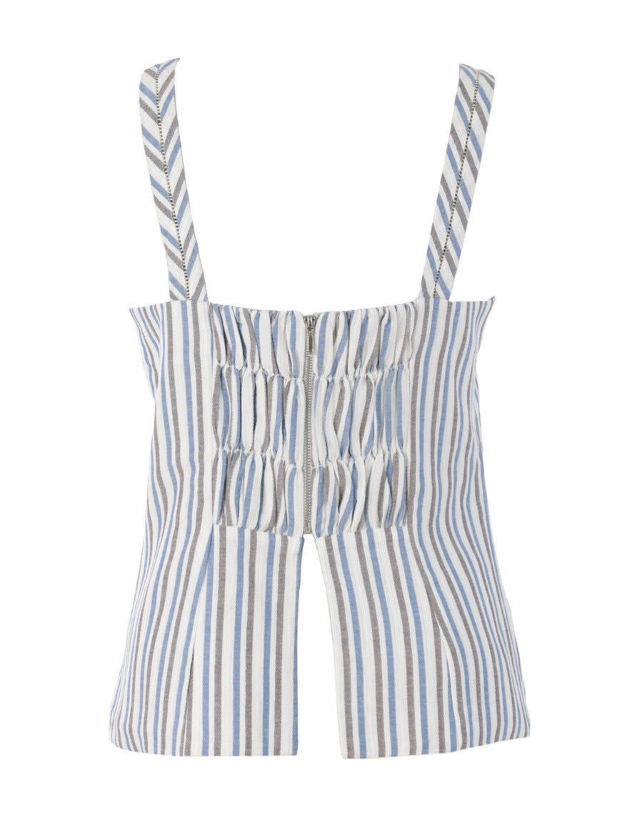 Blusa Skenn Listrada Resort marrom, azul e off-white vista das costas, com franzido central e zíper
