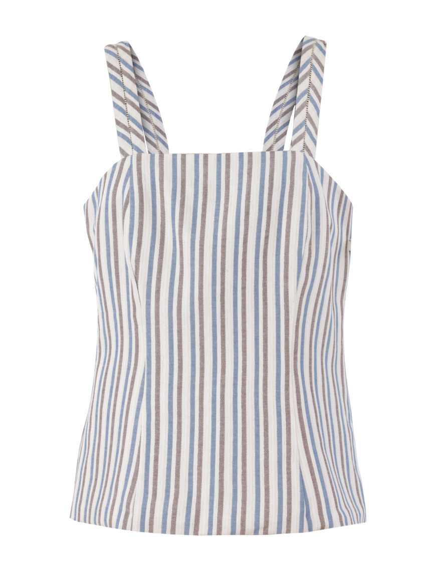 Blusa Skenn Listrada Resort em listras marrons, azuis e off-white, peça vista inteira de frente sobre fundo branco