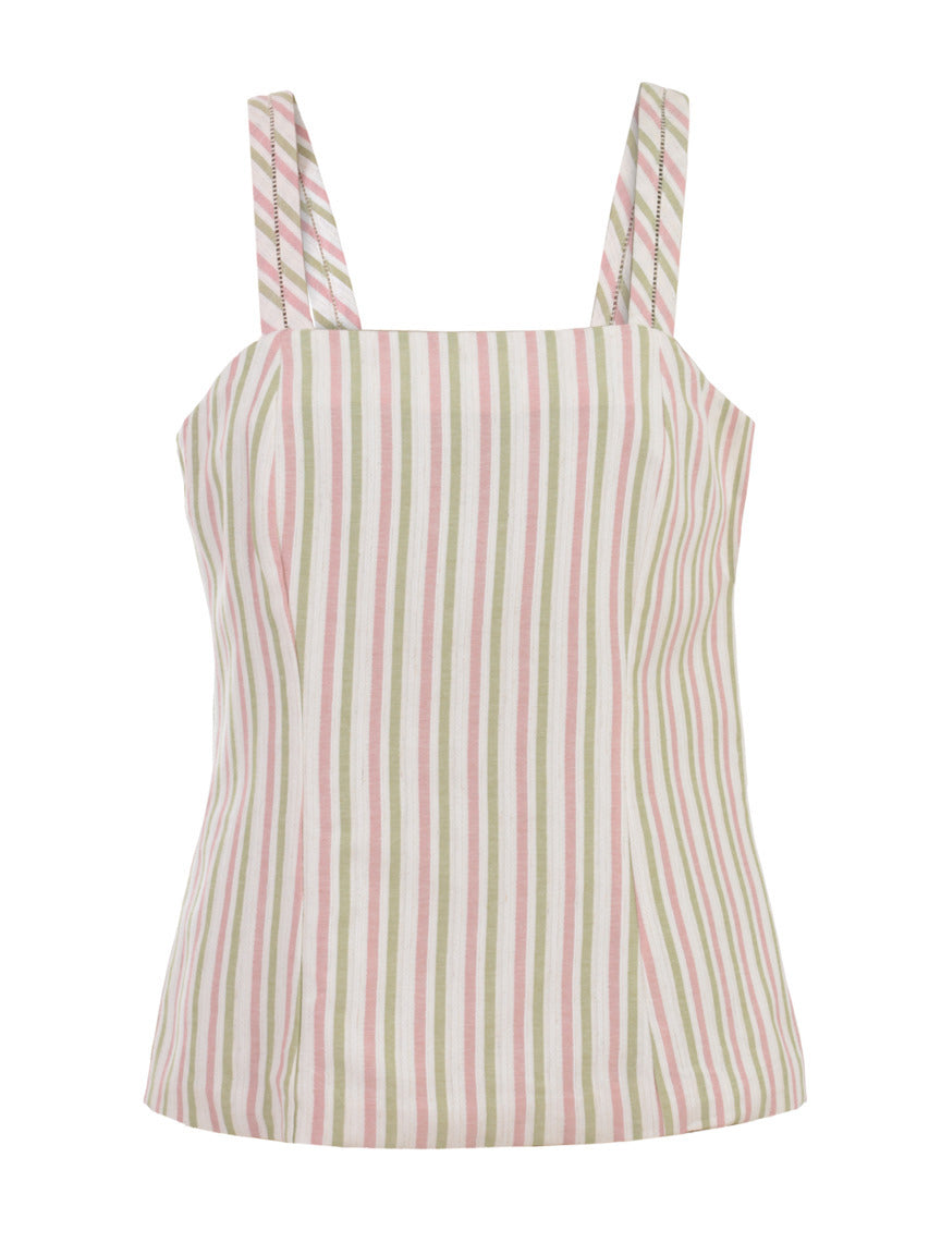 Blusa Skenn Listrada Resort em listras verdes, rosa e off-white, peça vista inteira de frente sobre fundo branco