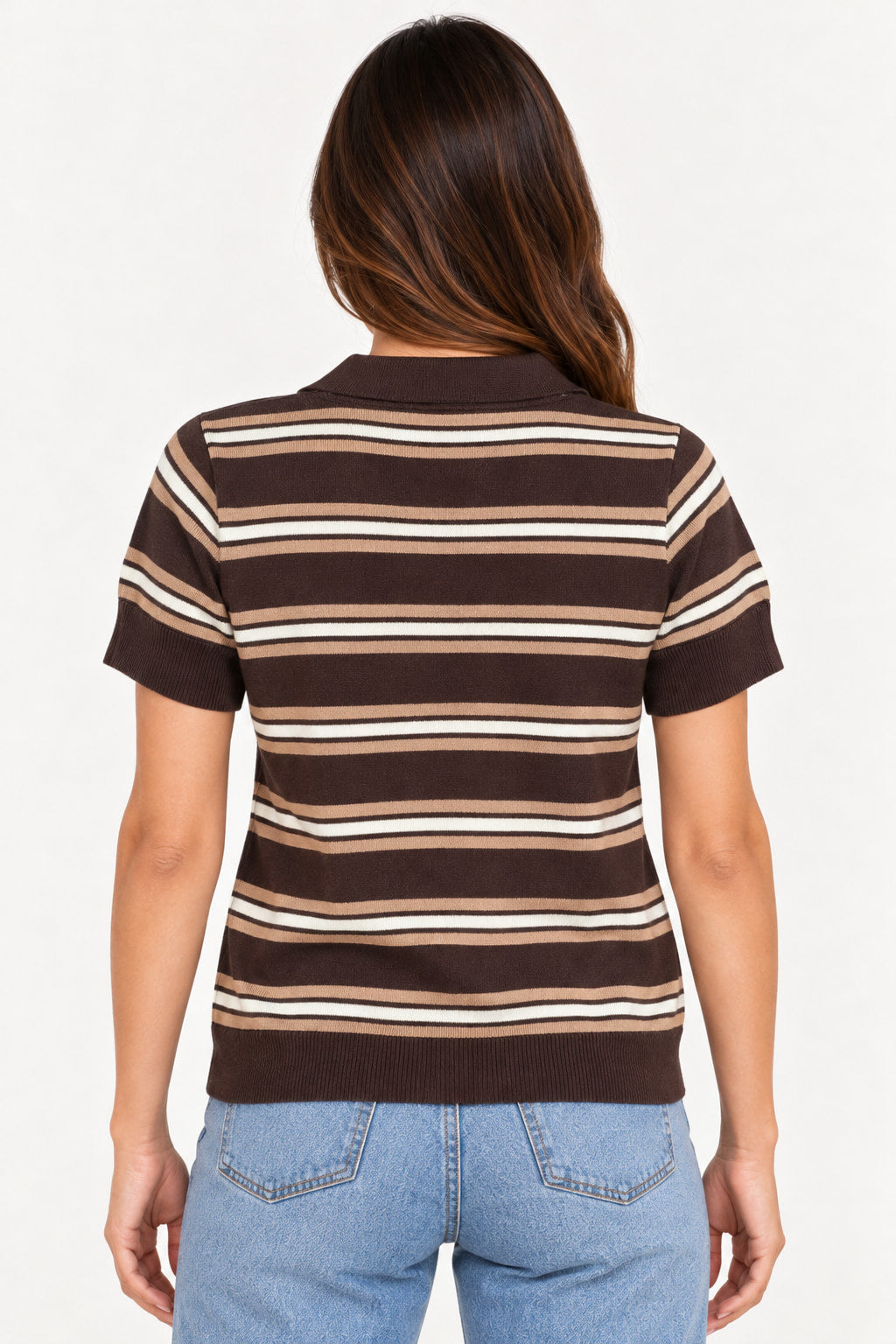 Marrom | Blusa Polo Tricot Listras Manga Curta Sandory — costas