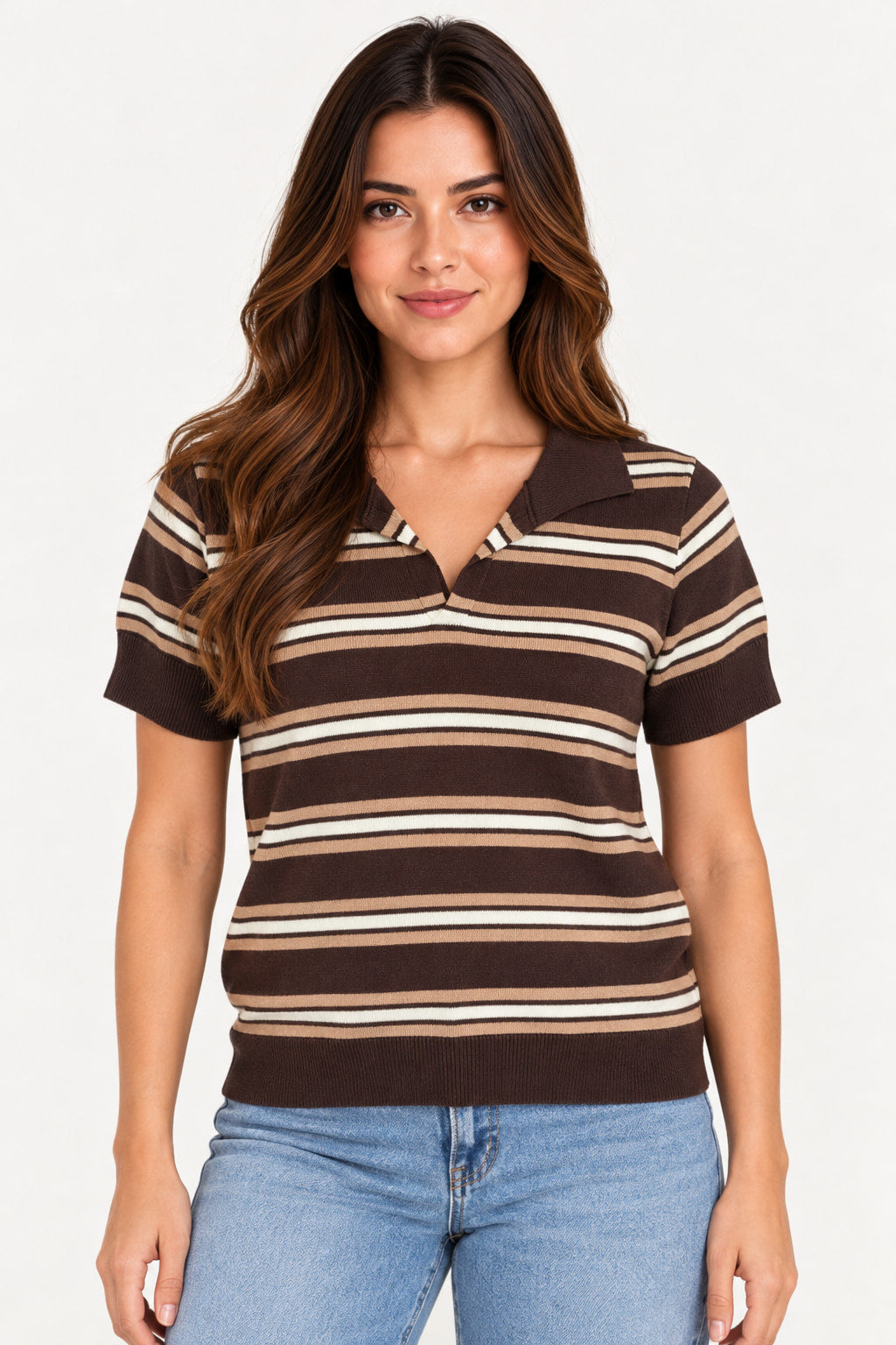 Marrom | Blusa Polo Tricot Listras Manga Curta Sandory — frente