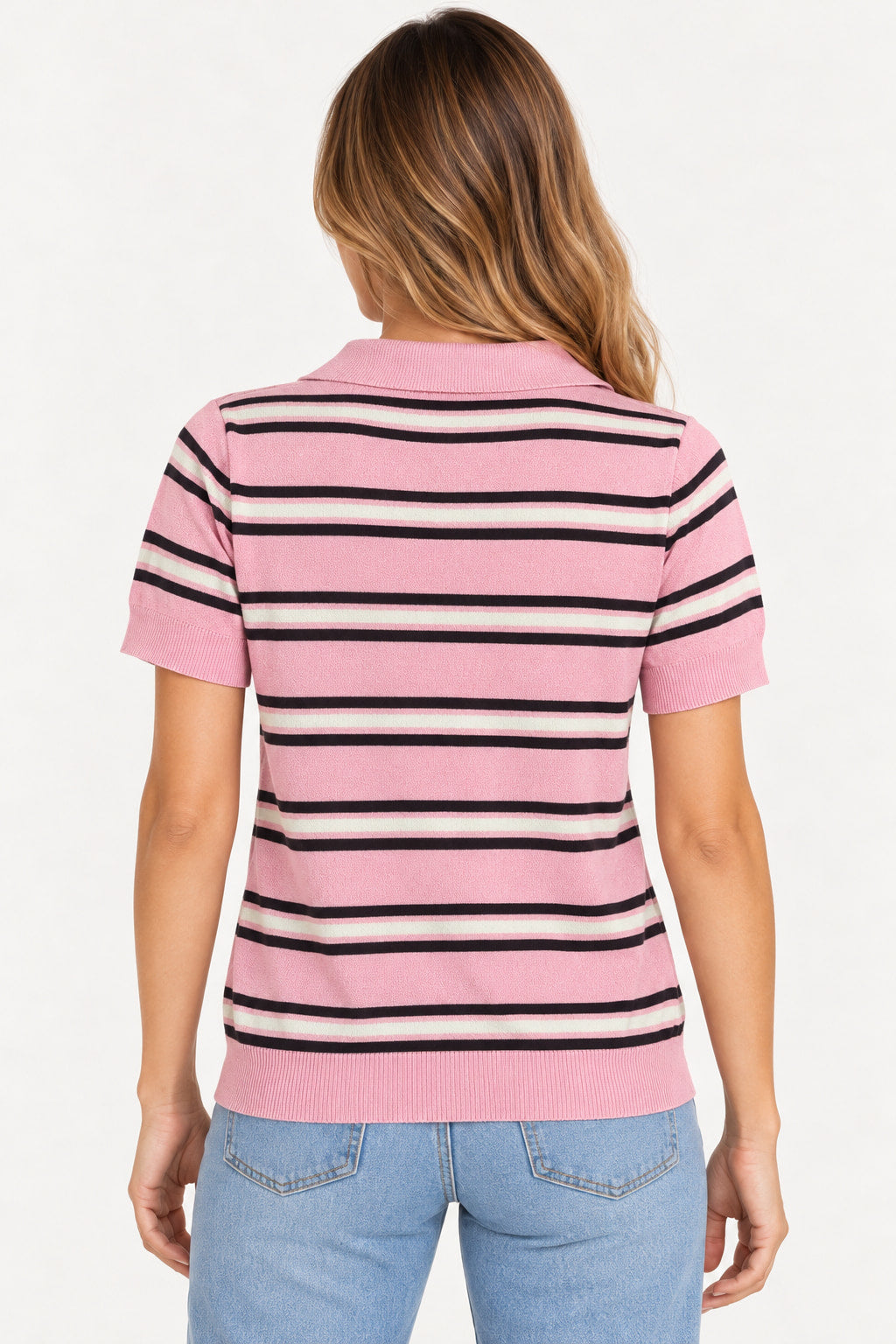 Rosa | Blusa Polo Tricot Listras Manga Curta Sandory — costas