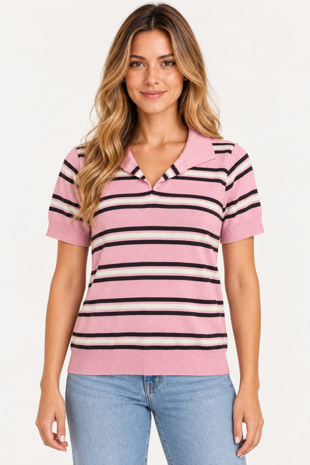 Rosa | Blusa Polo Tricot Listras Manga Curta Sandory — frente