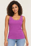 Roxo | Blusa Coqueta regata cavada roxa com aplicação de strass no decote, vestida na modelo de frente