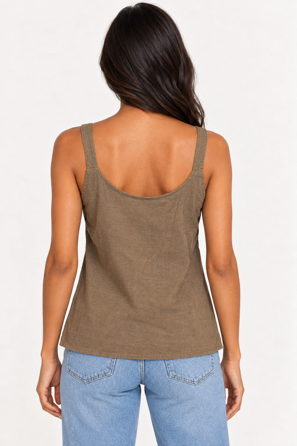 Bege | Blusa regata Amicia Visco Pesponto bege vista de costas, alças largas e decote redondo nas costas