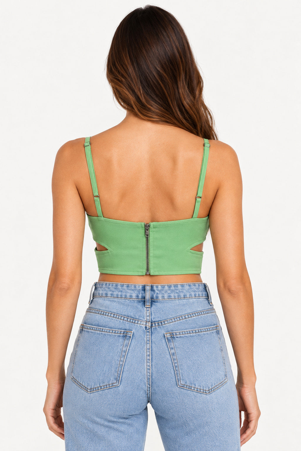 Verde | Blusa top Abertura Skenn verde vista de costas, com alças ajustáveis, fecho de zíper central e recortes laterais