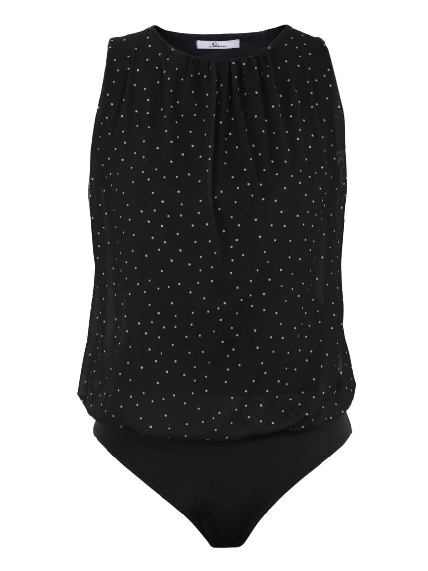 Body Skenn Listrado Tule preto com bolinhas brancas, peça inteira de frente, parte de cima em tule e base justa